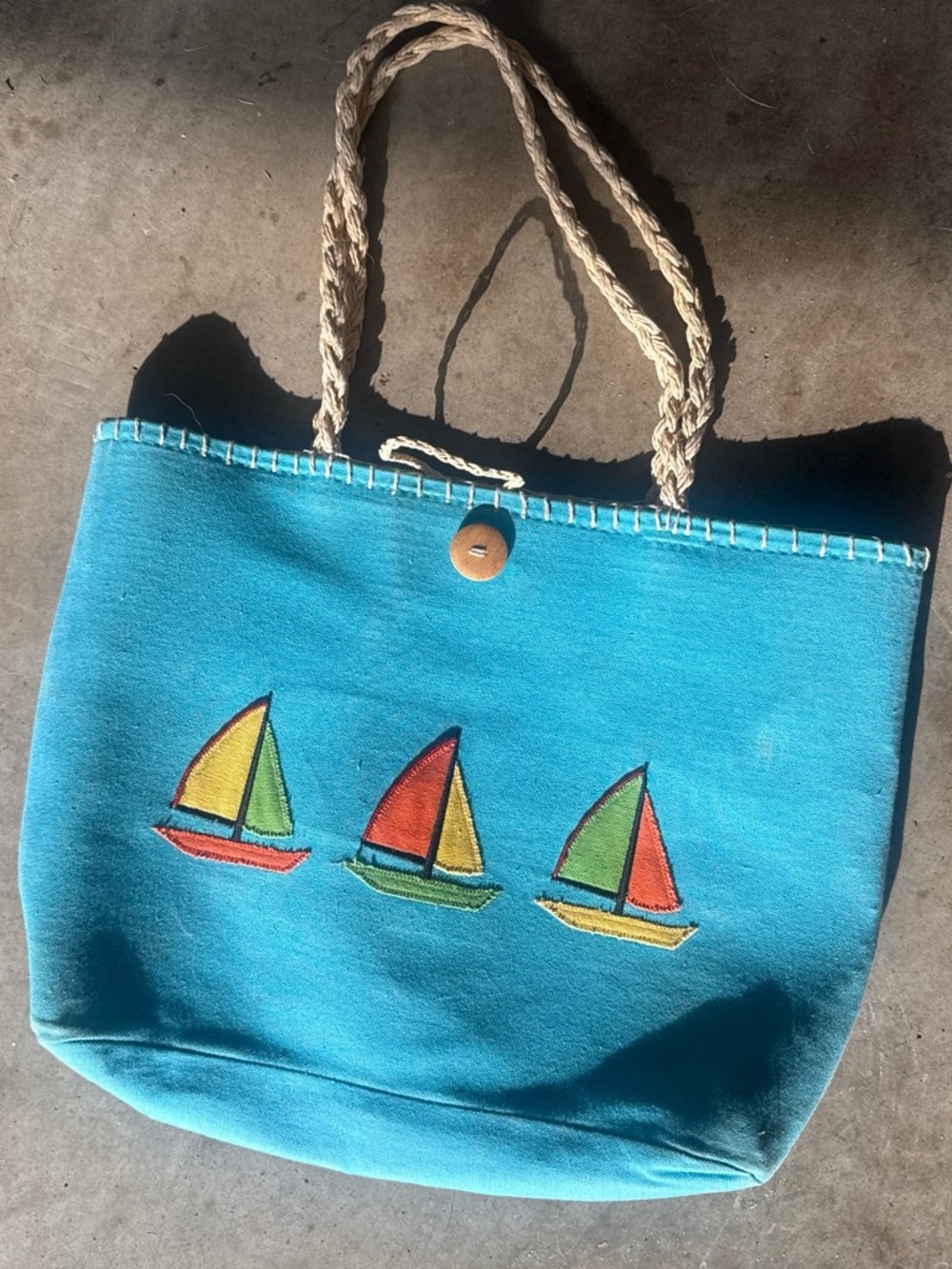 Canvas Turquoise Tote Bag with Colorful Sailboat Embroidery